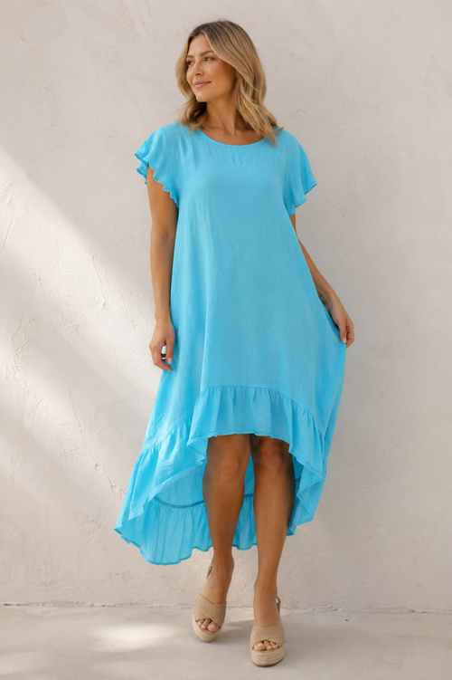 Alexia Linen Frill Dress Turquoise