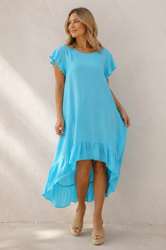 Alexia Linen Frill Dress Turquoise