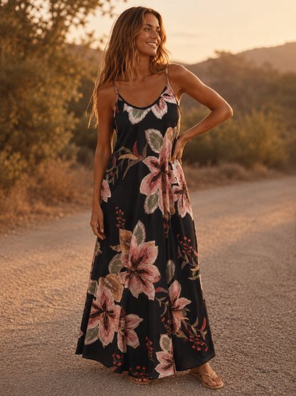 Watercolour Lily Print Dress Black