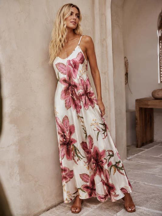 Watercolour Lily Print Dress Cream