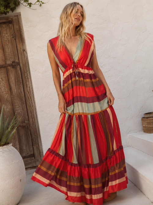 Isla Block Stripe Dress Strawberry