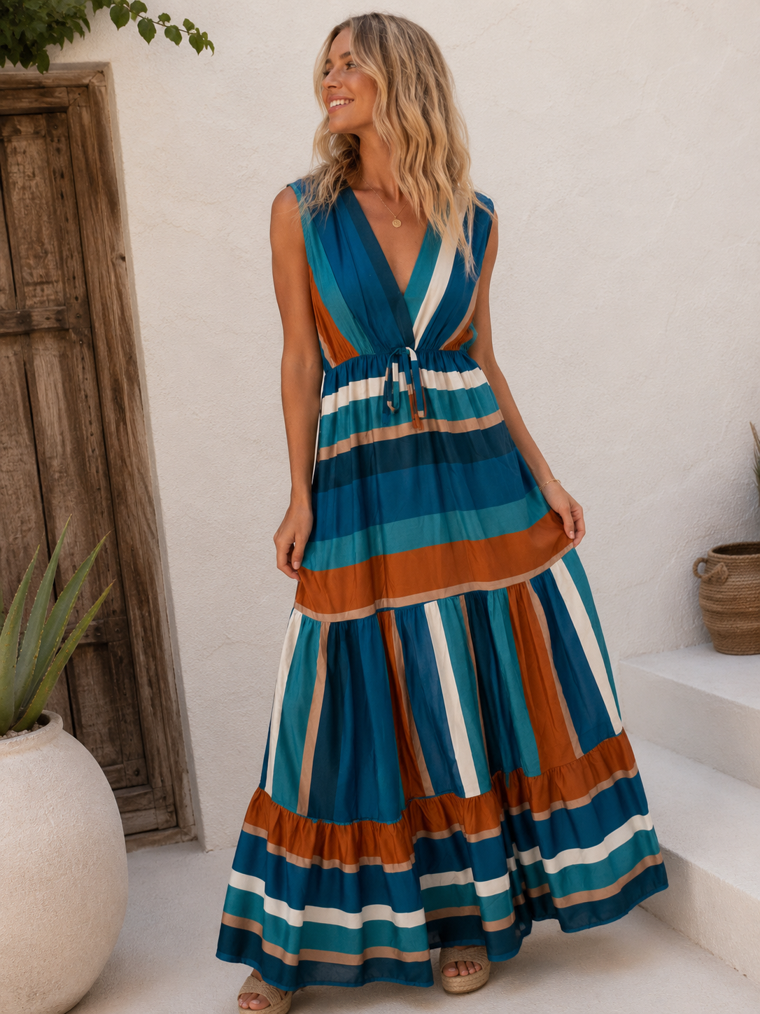 Isla Block Stripe Dress Teal
