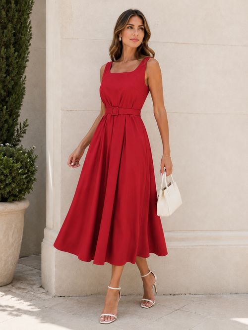 Amelie Belted Dress Red